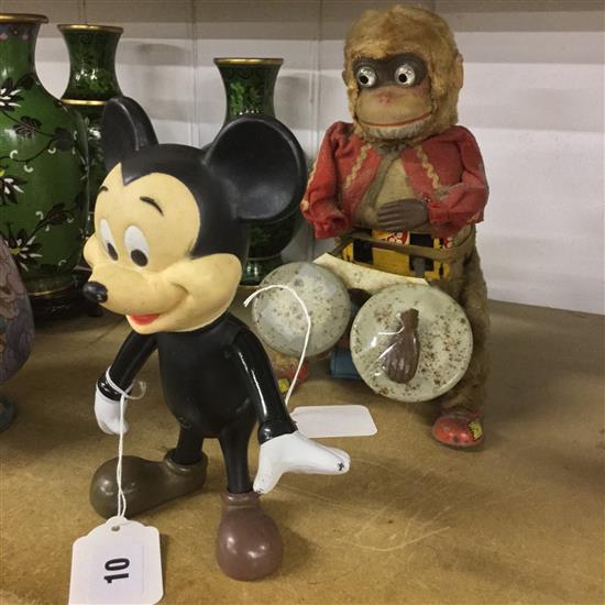 1950s Japanese Alps battery-operated monkey bongo player (a.f) & a Walt Disney celluloid Mickey Mouse